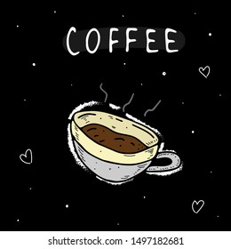 Funny cartoon vector illustration with a colored cup of coffee, the inscription, decorative elements on a neutral background. food theme. 