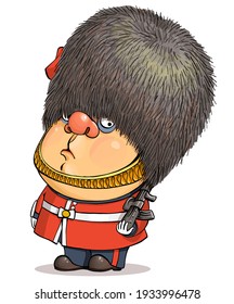 Funny cartoon vector. Illustration of a cute British guardsman wearing a Buckingham Palace bear hat.