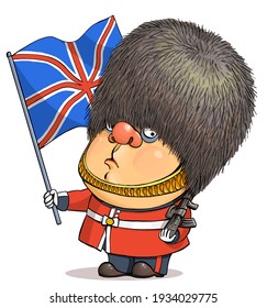 Gracioso vector de dibujos animados. Ilustración de un tierno guardia británico que llevaba un sombrero de oso con una bandera del Reino Unido