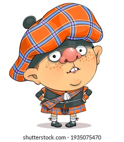 Funny Cartoon Vektor. Illustration eines süßen britischen Mannes in schottischem Nationalkleid.