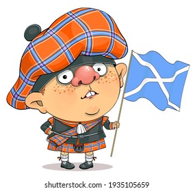 Gracioso vector de dibujos animados. Ilustración de un lindo británico con un traje nacional escocés y la bandera de Escocia