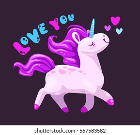 Funny cartoon vector illustration with cute unicorn in love. Pretty template for girlish t shirt print.