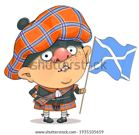 Funny cartoon vector. Illustration of a cute british guy in a Scottish national costume and the flag of Scotland