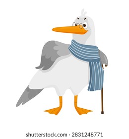 Funny cartoon vector illustration of an elderly seagull character wearing glasses and a striped scarf, holding a walking cane. Isolated on white background.