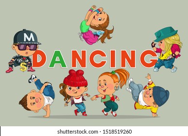 Funny cartoon. Vector illustration. Group of cheerful teenagers dancing Hip-Hop. Isolated objects.