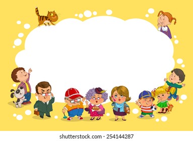 Funny cartoon. Vector illustration. A group of children and adults has a large blank sheet of paper.
