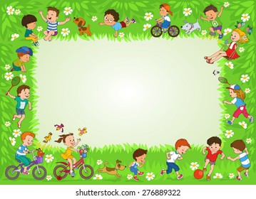 Funny cartoon. Vector illustration. Joyful kids play ball on the lawn. Illustration with place for text 