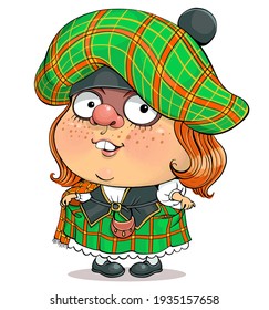 Funny cartoon vector. Illustration of a lovely British girl in Scottish national dress.