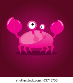 Funny cartoon vector illustration of magenta cute crab in doodle style.