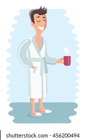 Funny cartoon vector illustration of man wearing bathrobe. After take bath or shower he relaxes and holding cup of tea or coffee in his hand