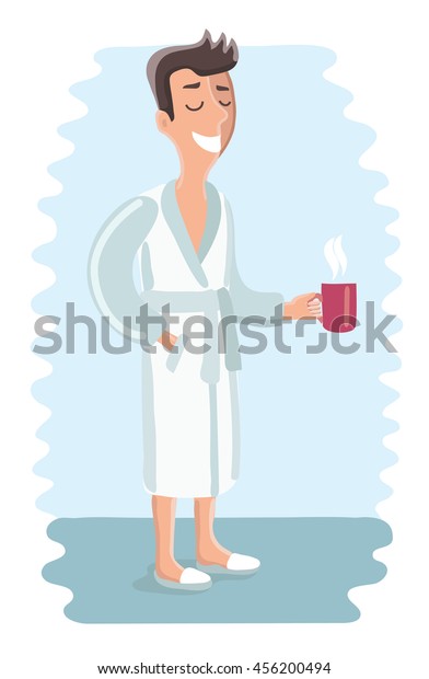 バスローブを着た男性のおかしな漫画のベクターイラスト 風呂やシャワーを浴びた後 彼は紅茶やコーヒーを手にゆるめ 持ち続ける のベクター画像素材 ロイヤリティフリー