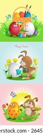 Funny cartoon. Vector illustration. Rabbit paints easter eggs on grass.