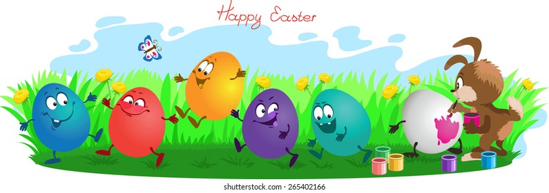 Funny cartoon. Vector illustration. Rabbit paints easter eggs on grass.
