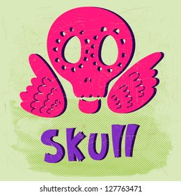 Funny cartoon vector illustration with scull and letters/green