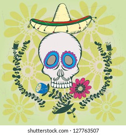 Funny cartoon vector illustration with scull, mustache, big hat and flowers.