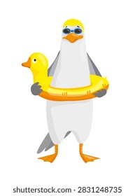 Funny cartoon vector illustration of a seagull character ready for swimming, wearing a swim cap, goggles, and an inflatable duck ring. Isolated on white background.