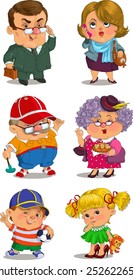 Funny cartoon. Vector illustration. Set of family members.Grandmother, grandfatherather, father, mother, son, daughter. Positive characters.