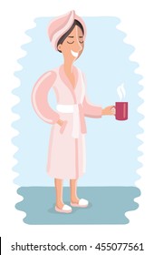 Funny cartoon vector illustration of woman in pink bathrobe is relaxes. After take spa treatment or bath and holding cup of tea in her hand