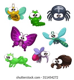 Funny cartoon vector insects set, isolated on white