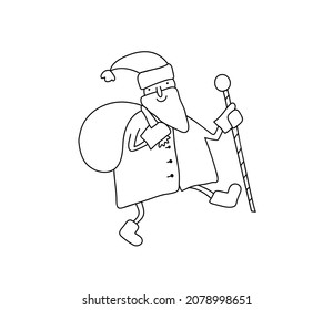 Funny cartoon vector monoline Santa Claus with bag with presents. Hand drawn illustration for Christmas and New Year posters, gift tags and labels.