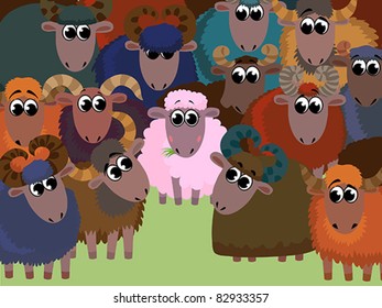 Funny cartoon vector with one pink pretty sheep and group colored rams