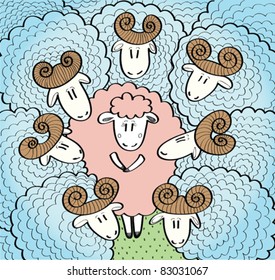 Funny cartoon vector with one pink pretty sheep and group blue rams