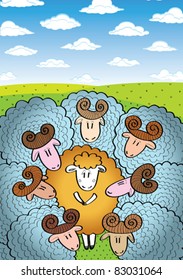 Funny cartoon vector with one pretty sheep and group blue rams on a green meadow and cloudy sky