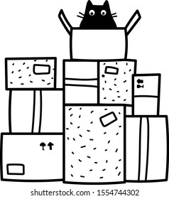 Funny Cartoon Vector Outline Drawing Of A Cute Black Cat Sitting On Top Of A Pile Of Card Boxes And Packages