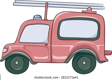 Funny cartoon vector pink fire engine, fire truck, fire fighting vehicle. Cute nursery illustration on white background. Ready for print. Can be used for sticker, poster, print, fabric, textile