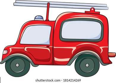 Funny cartoon vector red fire engine, fire truck, fire fighting vehicle. Cute nursery illustration on white background. Kids room poster, sticker, print