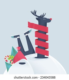 Funny cartoon vector reindeer with a bright red nose wrapped in a winter scarf buried in a snowdrift with a bag of Christmas gifts and holly alongside and Santa's legs sticking up out of the snow