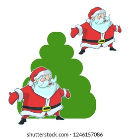 Funny cartoon vector Santa Clause  next to the Christmas tree 