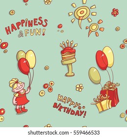 funny cartoon vector seamless pattern birthday greeting, happiness and fun, hand-drawn retro, birthday cake with candles, flowers, girl, balloons and fireworks, gifts with bows,