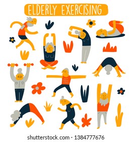 Funny cartoon vector set of elderly exercising. Healthy life style concept for seniors people.