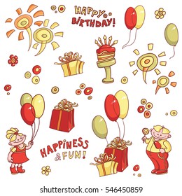 funny cartoon vector set of objects for postcards, birthday greeting, happiness and fun, hand-drawn retro, birthday cake with candles, flowers, girl, boy, gifts with bows, balloons and fireworks