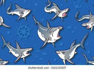 Funny cartoon vectores tiburones sin fisuras sobre fondo azul abstracto con volante, ancla y sombras planas. Tiburones grises para fondo