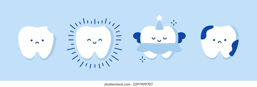 Funny cartoon vector teeth set. Tooth fairy with wings. Broken tooth and tooth with caries, stains. shining tooth. Vector illustration in cartoon style