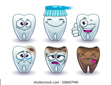 Funny cartoon vector teeth set, mouth hygiene icons set, isolated on white