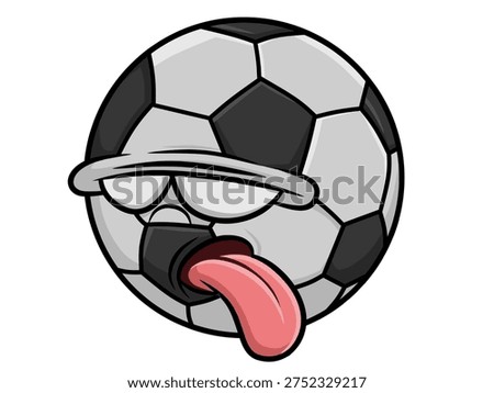 Funny cartoon vector of tired soccer ball with droopy eyes and tongue out, playful mascot design showing humor and sports fatigue