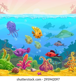 Funny cartoon vector underwater illustration with sea animals, square size