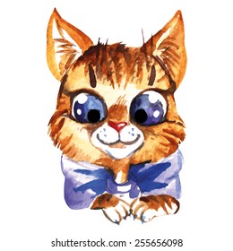 Funny cartoon vector watercolor cat isolated background