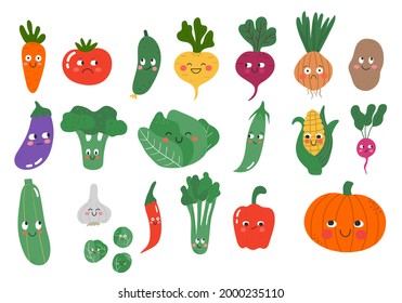 Funny cartoon vegetable characters with various face expression. Healthy food vector illustration. Harvest collection in flat style showing different emotions