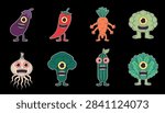 Funny Cartoon Vegetable Monster Characters Set