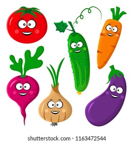 Funny cartoon vegetable set. Stylized characters.Tomato, cucumber, carrot, beetroot or radish, eggplant, onion. Vector illustration