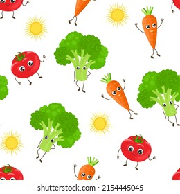 Funny cartoon vegetables background. Seamless pattern with cute carrot, tomato and broccoli. Food vector illustration.