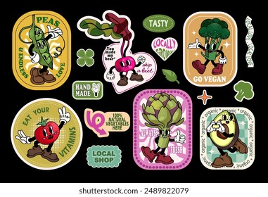 Funny cartoon vegetables characters sticker set in retro 30s style. Collection of healthy vegan food, organic, tasty, local shop labels, tags. 