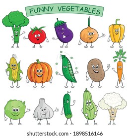 Funny cartoon vegetables collection. Vector illustration. Broccoli, Tomato, Eggplant, Onion, Paprika, Corn, Pumpkin, Green Peas, Potato, Carrot, Salad Cabbage, Garlic, Cucumber, Zuccini, Cauliflower