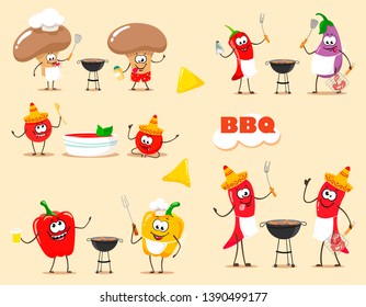 Funny  cartoon vegetables cook barbecue. Vector illustration of a flat style.