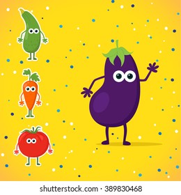 Funny cartoon vegetables with faces. Cute food characters for kids. Kawaii food.