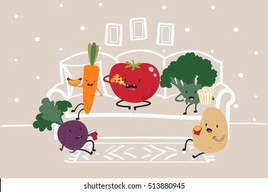 Funny cartoon vegetables hanging out at home. Sketched living-room background.